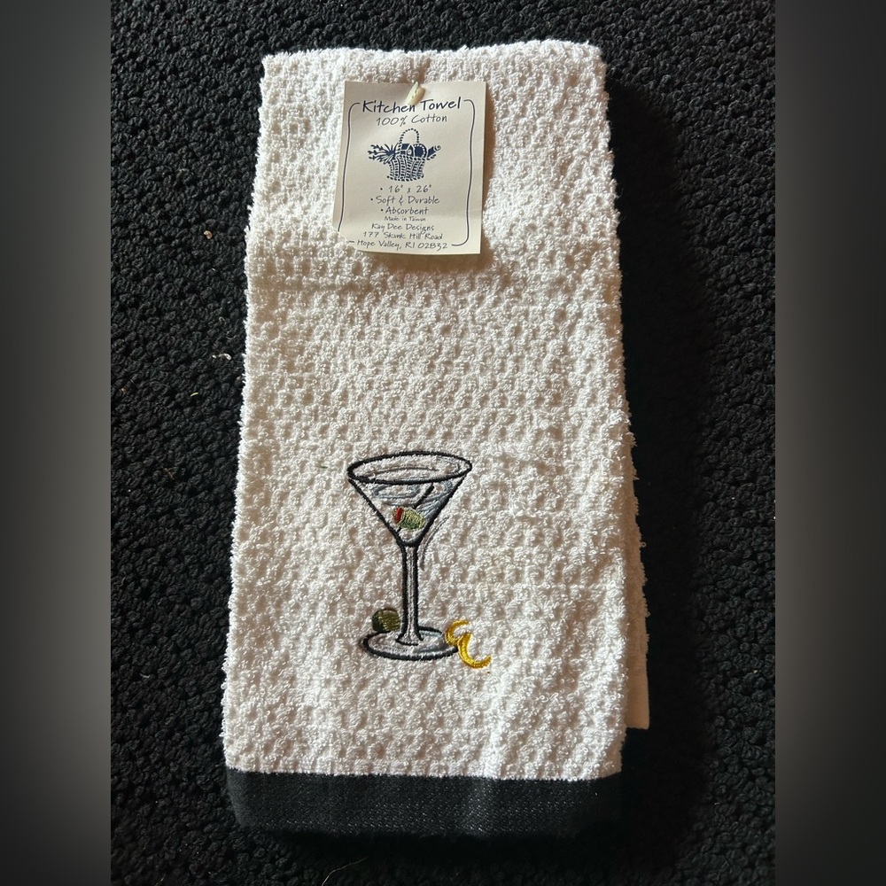 White Cotton Kitchen Towel with Martini 🍸 Embroidery